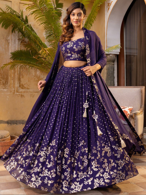 JIHU CULTURE Embroidered Sequinned Semi-Stitched Lehenga & Blouse With Dupatta