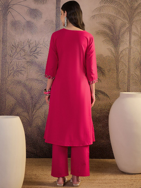 Sangria Floral Embroidered Pure Cotton A-Line Kurta & Trousers - Image 6