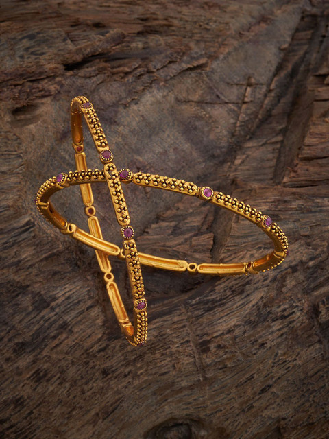 Kushal's Fashion Jewellery Set Of 2 Gold Plated Stone Studded Antique Bangles