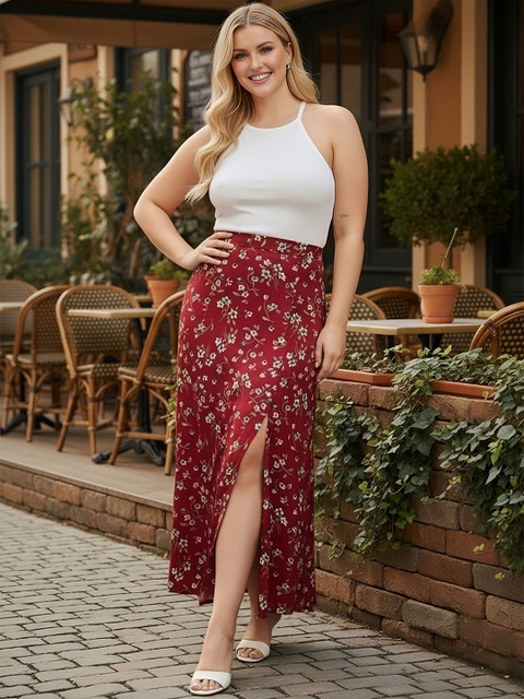 Berrylush Curve Women Floral Printed High Rise Side Slit A-Line Midi Skirt