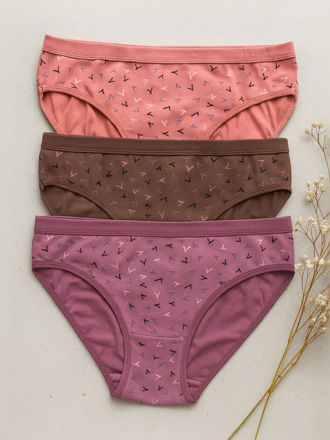 FiveFlag Pack Of 3 Printed Pure Combed Cotton Mid-Rise Antibacterial Hipster Briefs