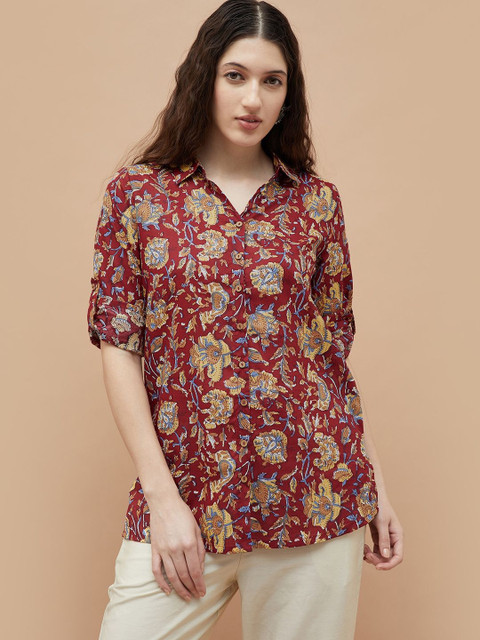 Melange by Lifestyle Floral Printed Shirt Collar Pure Cotton Kurti