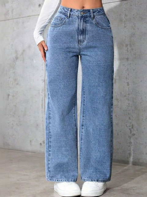 HERE&NOW Women Jean Boyfriend Fit High-Rise Light Fade Acid Wash Stretchable Jeans