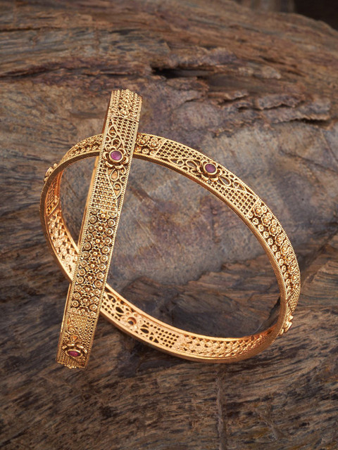 Kushal's Fashion Jewellery Set Of 2 Gold Plated Stone Studded Antique Bangles