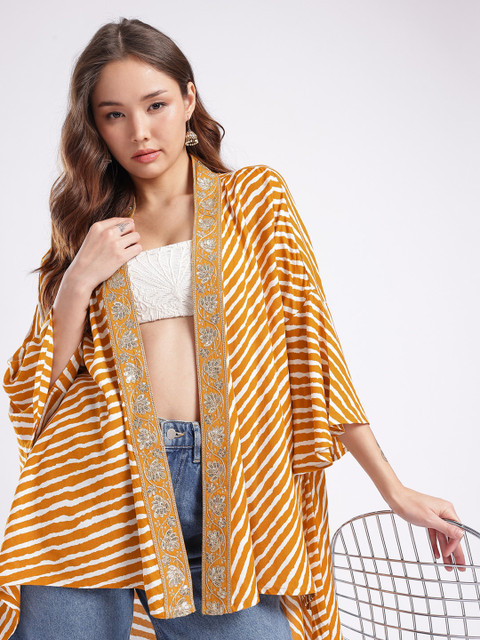 fusion by glitchez Striped Floral Zari Embroidered Longline Shrug