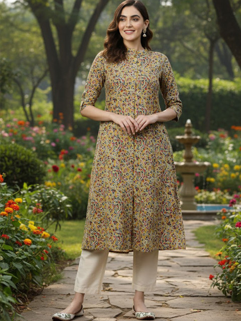 GULMEHAK Floral Printed Mandarin Collar Cotton A-Line Kurta