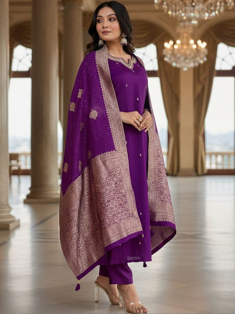 SZN Women Ethnic Motifs Regular Thread Work Kurta with Trousers & With Dupatta