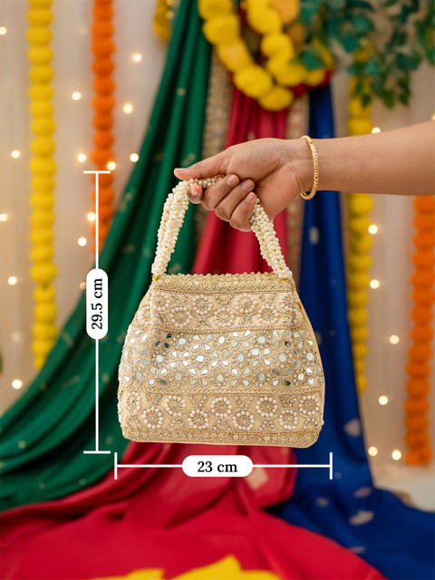 Vesara Women Embellished Golden Potli Handbag - Image 4
