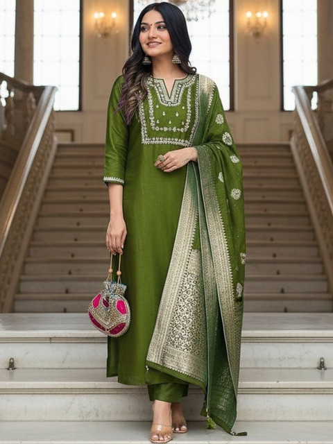 SZN Women Ethnic Motifs Embroidered Regular Thread Work Kurta with Trousers & With Dupatta