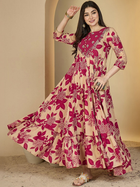 Anouk Mirage Women Floral Embroidered Mirror Work Floral Anarkali Kurta - Image 4