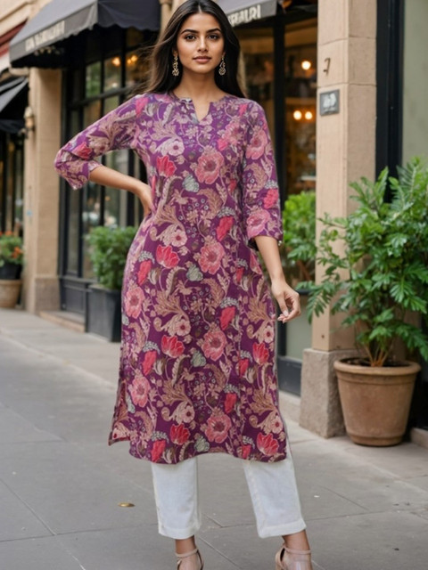 GULMEHAK Floral Printed V-Neck Cotton Straight Kurta