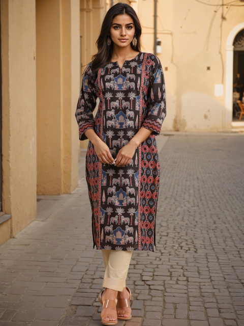 GULMEHAK Women Ethnic Motifs Printed Notched Neck Straight Kurta