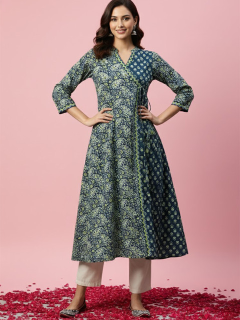 GULMEHAK Floral Printed Cotton Mandarin Collar Angrakha A-Line Kurta