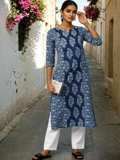 GULMEHAK Floral Printed Notch Neck Cotton Straight Kurta