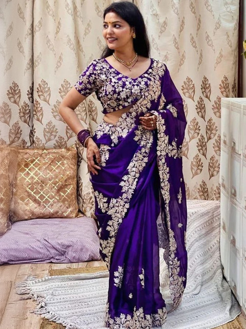 ROFOLO Embellished Embroidered Poly Georgette Heavy Work Saree