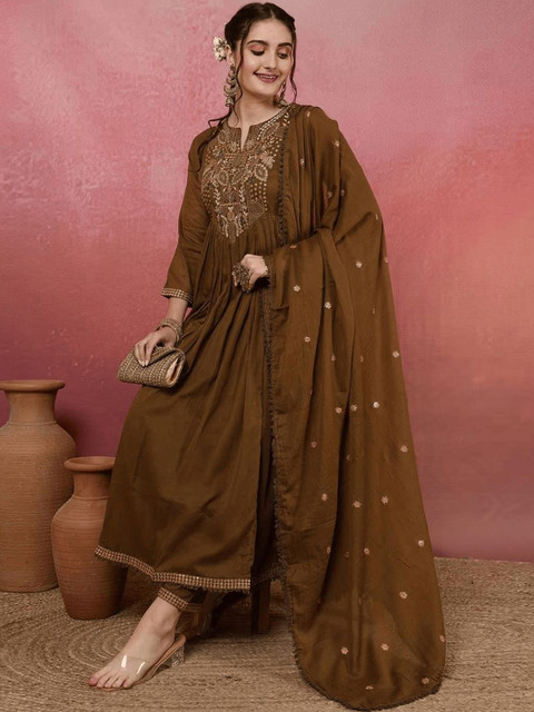HERE&NOW Women Ethnic Motifs Embroidered Panelled Thread Work Kurta with Trousers & With Dupatta