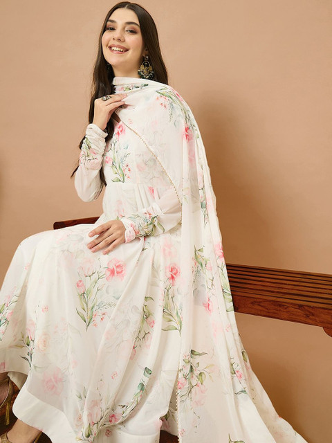Sangria Floral Printed Anarkali Kurta & Trousers With Dupatta
