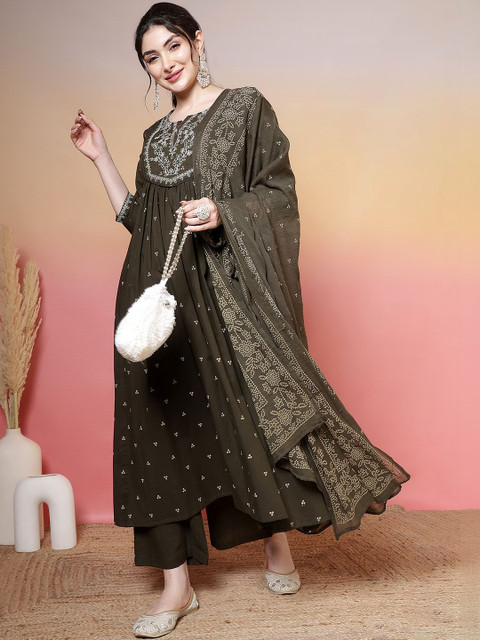 Anouk Women Ethnic Motifs Printed Empire Thread Work Pure Cotton Kurta with Trousers & With Dupatta