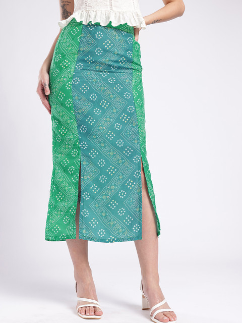 fusion by glitchez Women Bandhani Printed Front Slit Detail Straight Skirts