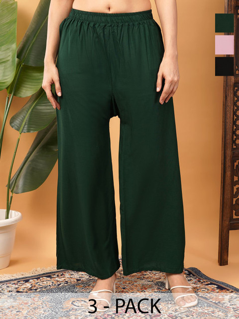 LEGITLOOKS Pack Of 3 Women Mid-Rise Flared Slip On Ethnic Palazzos