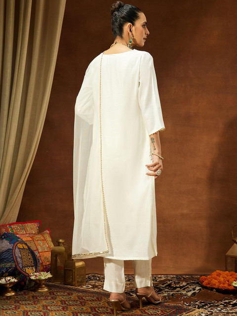 Janasya Women Floral Embroidered Regular Sequinned Kurta with Trousers & With Dupatta - Image 5