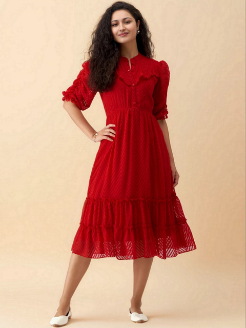 all about you Puff Sleeve Ruffled Crepe Fit & Flare Midi Dress