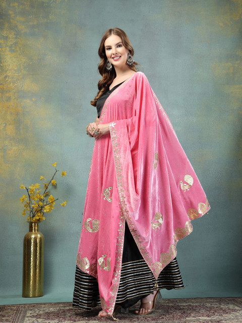 Moda Rapido Ethnic Motifs Embroidered Embellished Velvet Dupatta with Gotta Patti - Image 3