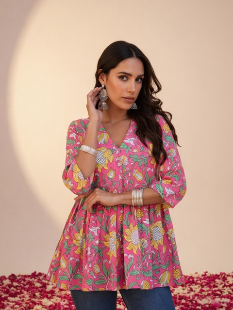 HERE&NOW Floral Printed V-Neck Empire Kurti