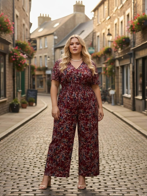 Berrylush Curve Women Plus Size Printed V-Neck Basic Jumpsuit