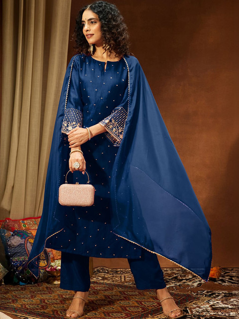 Janasya Women Embroidered Regular Sequinned Kurta with Trousers & With Dupatta