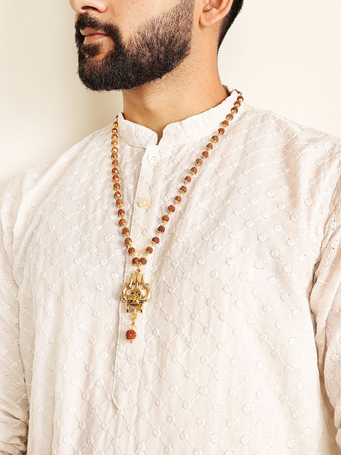 DIVINE HINDU Unisex Divine Hindu Gold Plated Om Shiva Trishool 54 Beads Rudraksha Necklace