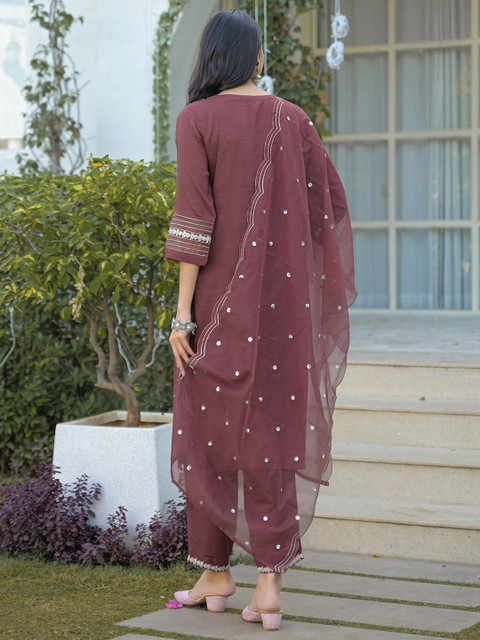 SANISA Women Ethnic Motifs Embroidered Regular Sequinned Kurta with Trousers & With Dupatta - Image 5