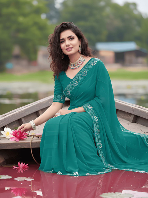 DESI RIWAAZ Embellished Mirror Work Pure Georgette Heavy Work Fashion Saree