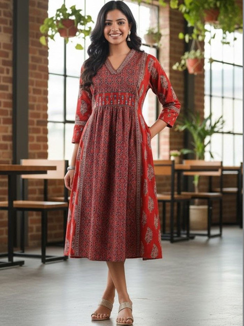 SZN Women Geometric Printed Mirror Work Kurta