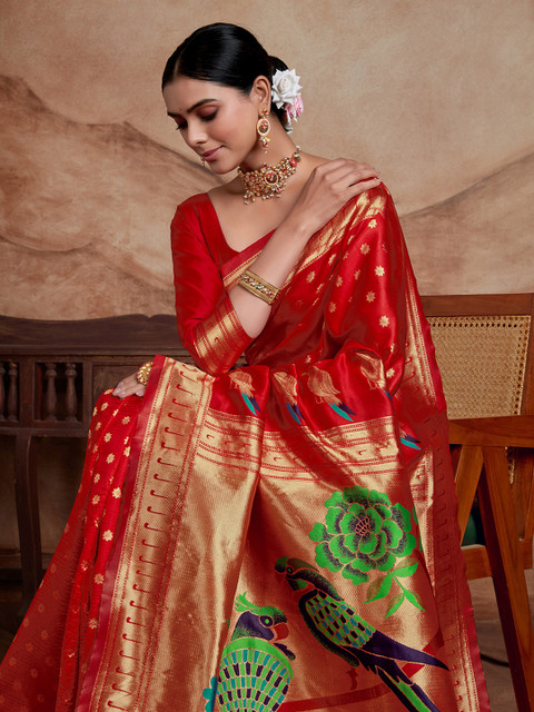 KALINI Ethnic Motifs Silk Blend Woven Paithani Saree with Blouse Piece