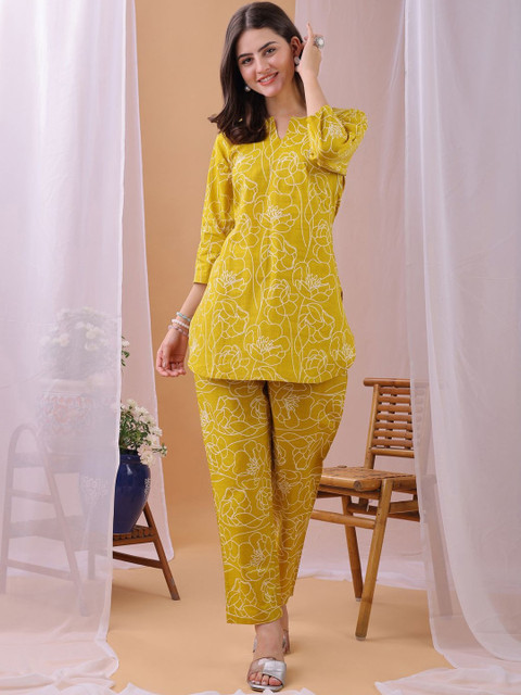 KALINI Floral Printed Mandarin Collar Neck Top With Trousers Co-Ords