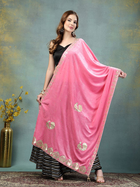 Moda Rapido Ethnic Motifs Embroidered Embellished Velvet Dupatta with Gotta Patti