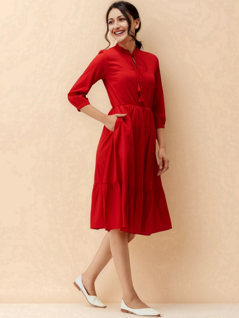 all about you Tie-Up Neck Crepe Fit & Flare Midi Dress