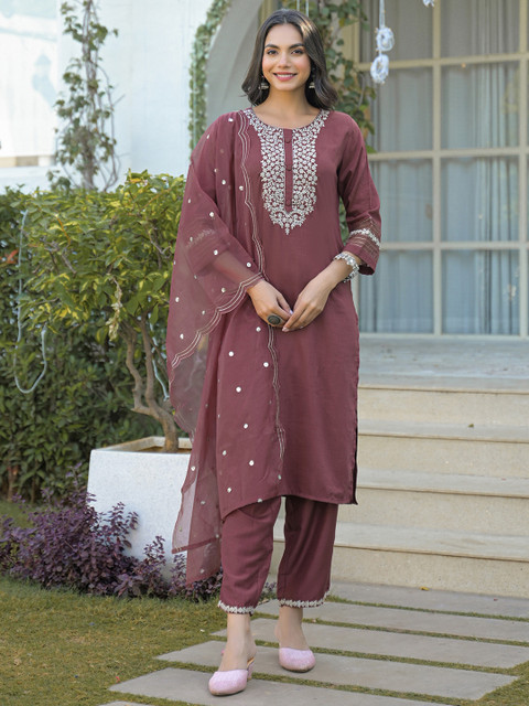 SANISA Women Ethnic Motifs Embroidered Regular Sequinned Kurta with Trousers & With Dupatta - Image 2