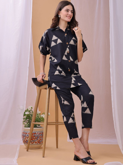 KALINI Printed Shirt Collar Neck Top With Trousers Co-Ords