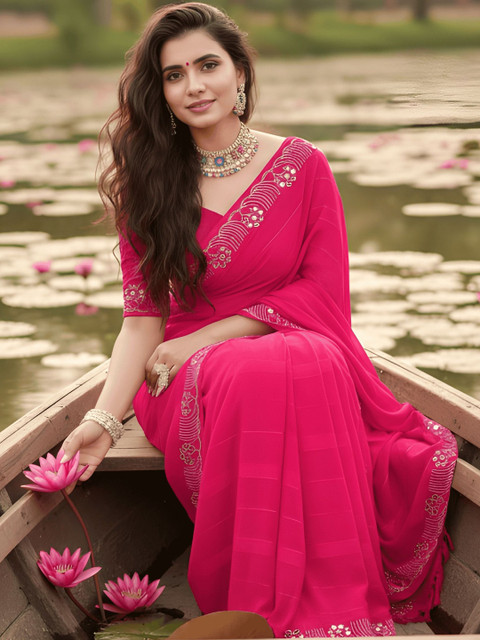 DESI RIWAAZ Embellished Embroidered Pure Georgette Fashion Saree