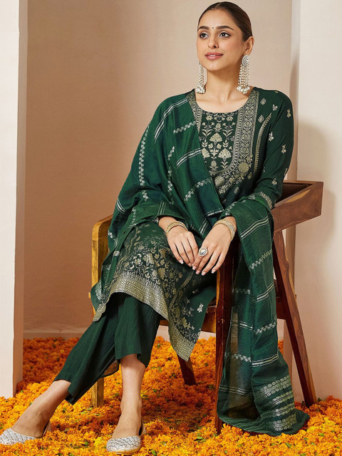 Janasya Women Floral Regular Kurta with Trousers & With Dupatta