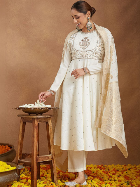 Janasya Women Floral Embroidered Angrakha Sequinned Chanderi Silk Kurta with Trousers & With Dupatta