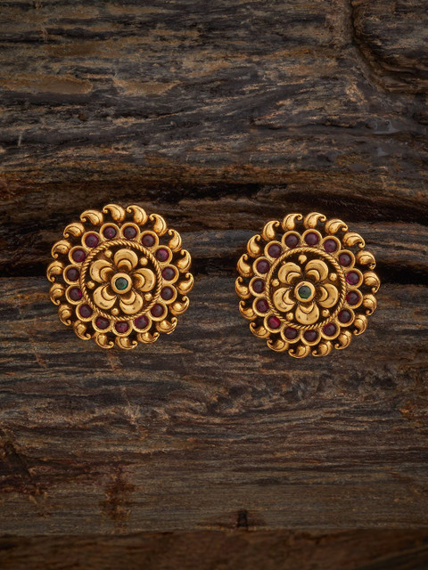 Kushal's Fashion Jewellery Gold Plated Ruby Studded Floral Studs Earrings