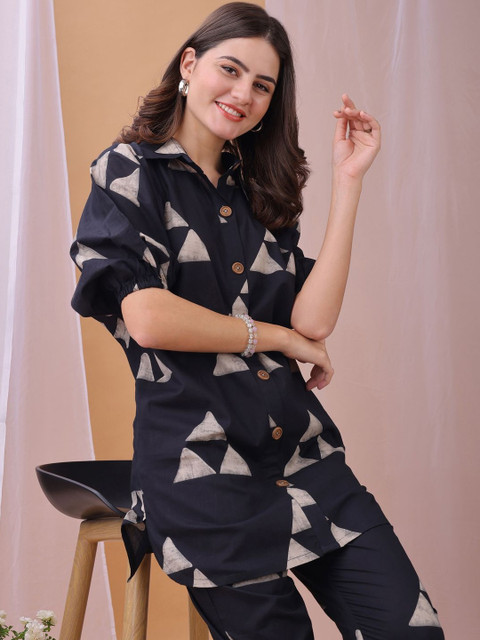 Saanjh Printed Shirt Collar Top With Trousers Co-Ords