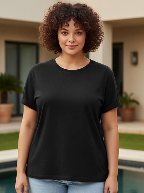 Bewakoof Plus Women Black Solid Round Neck Boyfriend T-Shirt