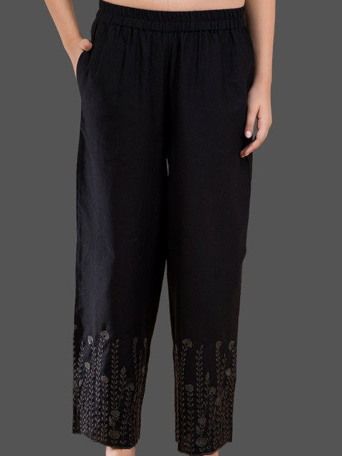 Saffron Threads Women Crest Embroidered Hem Ethnic Palazzos