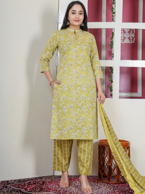 The Tinge Floral Printed Regular Pure Cotton Kurta with Trousers & With Dupatta - Image 2