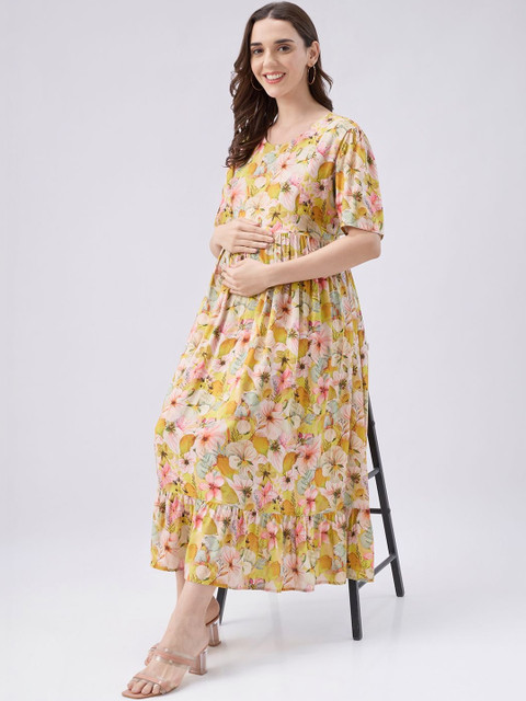AV2 Floral Print Puff Sleeve Maternity A-Line Midi Dress