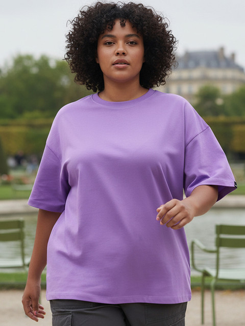 Bewakoof Heavy Duty Women Plus Size Solid Round Neck Cotton Oversized T-shirt